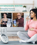 Pregnant woman drinking water beside hydrogen water machine with inset images of people using filters