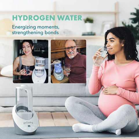 Pregnant woman drinking water beside hydrogen water machine with inset images of people using filters