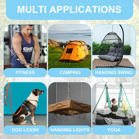 Collage showing 10 Pack 1.5 Inch 304 Stainless Steel Quick Links Locking Carabiner used for fitness, camping, hanging swing, dog leash, lights, yoga