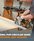 Pro Grade 50 Inch Circular Saw Guide Rail With Rock Solid Clamping Mechanism For Straight As An Arrow Rip Cuts And Smooth Track Saw Runs On Plywood Or Lumber Boards in use with circular saw on plywood.