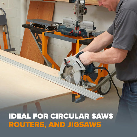 Pro Grade 50 Inch Circular Saw Guide Rail With Rock Solid Clamping Mechanism For Straight As An Arrow Rip Cuts And Smooth Track Saw Runs On Plywood Or Lumber Boards in use with circular saw on plywood.