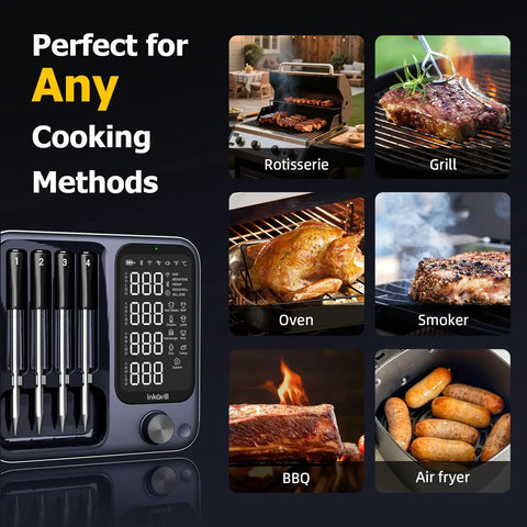 Wireless Meat Thermometer With App Control Four Probes And Unlimited Range for Rotisserie Grill Oven Smoker Air Fryer shown with cooking methods.