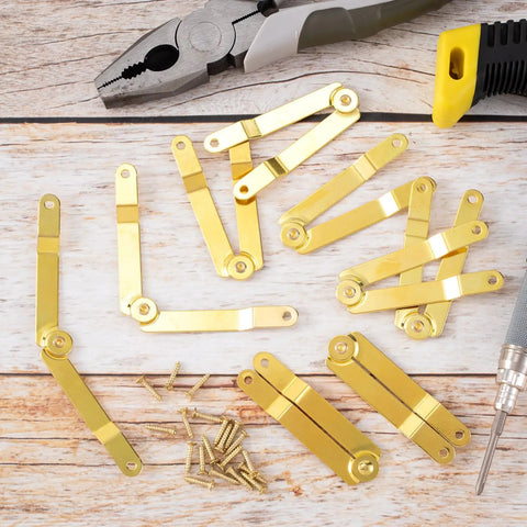Gold Lid Support Hinge Set With 20 Screws, Foldable Lid Stay Safety Hinges, Rustproof 135 Degree Rotatable for Wooden Boxes