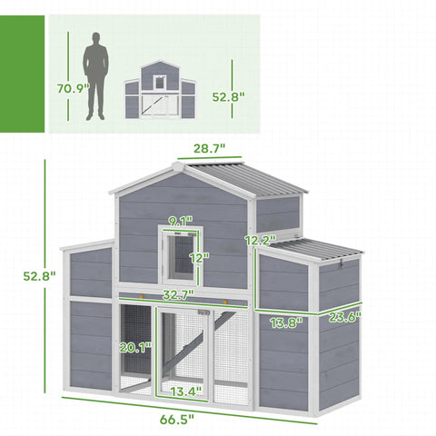 66.5 Inch Large Wooden Chicken Coop With 2 Nesting Boxes, Ramp, Sliding Tray And Waterproof Roof dimensions diagram