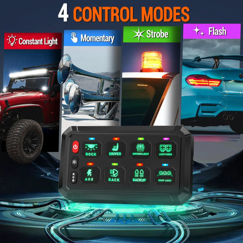 8 Gang Switch Panel With Universal Circuit Control Relay System, four control modes for car, boat, and vehicle lighting.