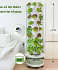 All In One Vertical Hydroponic Garden Tower With LED Grow Lights, Eight Levels, Thirty-Two Large Pods, Eight Gallon Indoor Growing System next to a sofa, showing dimensions and capacity.