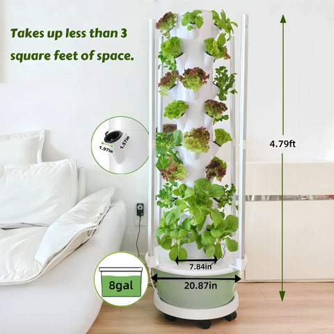 All In One Vertical Hydroponic Garden Tower With LED Grow Lights, Eight Levels, Thirty-Two Large Pods, Eight Gallon Indoor Growing System next to a sofa, showing dimensions and capacity.