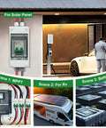 20 Amp DC Solar Breaker Miniature Circuit Breaker Solar Disconnect Switch 1000V DC and 400V AC 2 Pole MCB for PV UPS RV Battery DIN Rail Mount With Arc Extinguishing Magnet and UV Resistant PA Case installed in various scenarios including solar panel and RV setups.