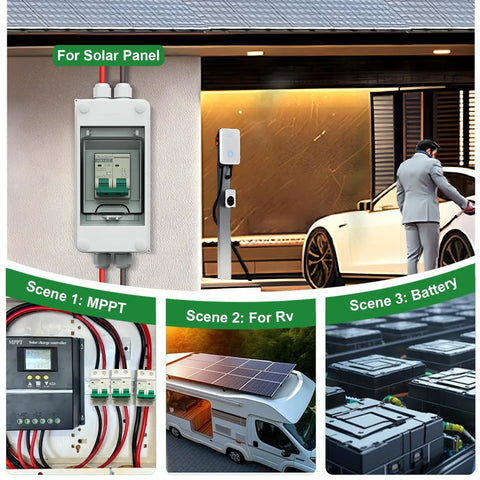 20 Amp DC Solar Breaker Miniature Circuit Breaker Solar Disconnect Switch 1000V DC and 400V AC 2 Pole MCB for PV UPS RV Battery DIN Rail Mount With Arc Extinguishing Magnet and UV Resistant PA Case installed in various scenarios including solar panel and RV setups.