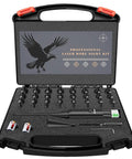 Open case showing Green Laser Bore Sight Kit with 32 Caliber Adapters from .17 HMR to 12 Gauge for Rifle and Pistol, ultra precise.