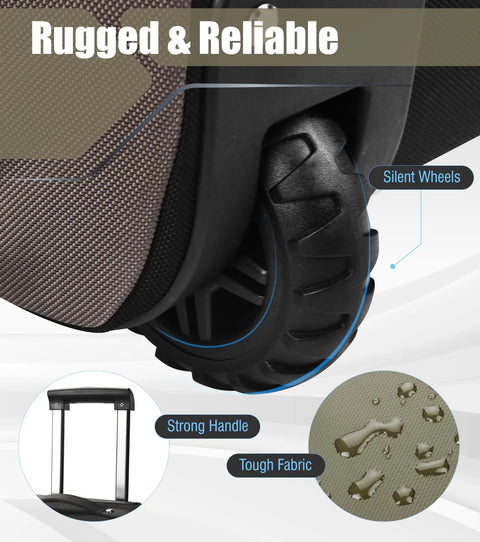 Close-up of army green 100L rolling duffel luggage wheel with retractable handle; rugged 1600D fabric.