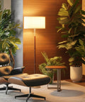 LED Floor Lamp With Walnut Wood Finish And Drum Shade Mid Century Modern Style in contemporary living room setting.