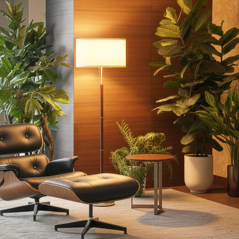 LED Floor Lamp With Walnut Wood Finish And Drum Shade Mid Century Modern Style in contemporary living room setting.