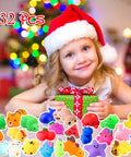 Premium Total Knockout 32 Pack Mochi Squishy Toys Kawaii Animals with a smiling girl holding a gift at Christmas.