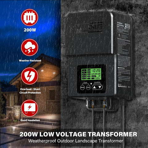 Outdoor Low Voltage Landscape Transformer 200W With Timer And Built In Photo Sensor 120V AC To 12V 15V AC For LED Spotlight And Pathway Garden Lighting Four Modes Auto Timed Astronomical With On Off