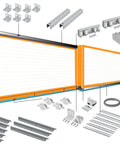 Two Door Bottom Mount Telescopic Sliding Gate Hardware Kit For 20Ft Opening And 24Ft Gate Includes Galvanized Cable Covers, Fixed And Movable Pulley Boxes, Ground Fixing Bracket, And Connection Kit components laid out with visual diagram.