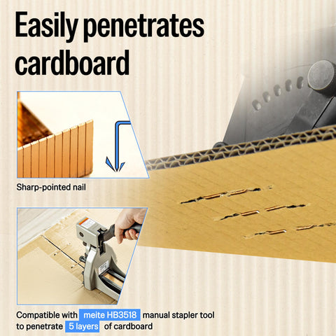 Carton Closing Staples Sixteen Gauge One And Three Eighths Inch Crown By Three Quarters Inch Leg Copper Coated For Pneumatic And Manual Box Staplers 1600 Pack Beefy Hold Heavy Duty Cardboard Sealing Staples demonstration with stapler and cardboard penetration.