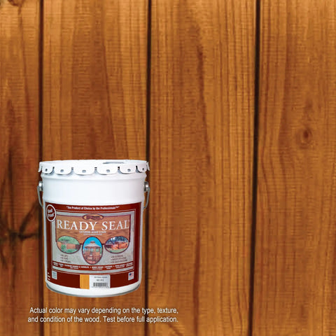 Bucket of Exterior Wood Stain And Sealer In One For Decks Fences Pergolas And Siding Semi Transparent Oil Based Finish No Fuss Goof Proof Application 5 Gallon Natural Cedar against wood backdrop
