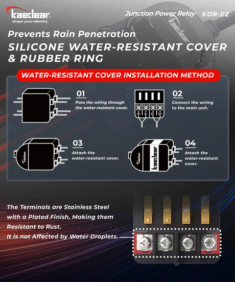 Silicone water-resistant cover for Motorcycle Power Relay Kit DC 12V 20A Waterproof 4 Way Fuse Block ACC Splitter installation steps.