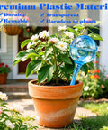 10 Piece Self Watering Bulbs Set For Indoor And Outdoor Plants in terracotta pot with flowering plant, plastic bulb visible