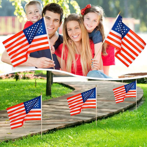 All American Flags On Sticks 12 By 18 Inch 12 Pack With 6 World Cup Themed Flags, preassembled on durable wooden poles, outdoors.
