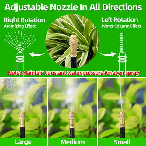 Efficient Drip Irrigation Kit With 40 Ft Tubing And 13 Adjustable 360 Degree Copper Nozzles showing spray patterns in garden