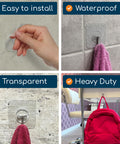 Clear Adhesive Wall Hooks Set Heavy Duty No Drill 22 Lb Capacity Waterproof Transparent Towel Hooks in use on various surfaces indoors.