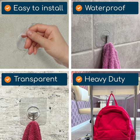Clear Adhesive Wall Hooks Set Heavy Duty No Drill 22 Lb Capacity Waterproof Transparent Towel Hooks in use on various surfaces indoors.
