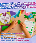 Child folding paper with Origami Paper Craft Kit For Kids Ages 6 To 12 With 100 Colored Sheets, 20 Bendable Stems, 30 Buttons And Jewels.