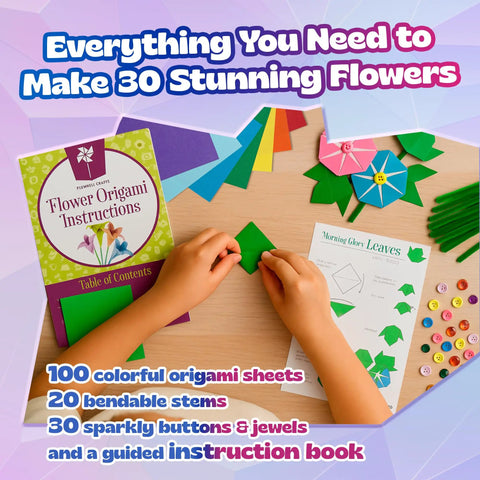 Child folding paper with Origami Paper Craft Kit For Kids Ages 6 To 12 With 100 Colored Sheets, 20 Bendable Stems, 30 Buttons And Jewels.