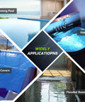 Illustration of uses for Automatic Submersible Pool Cover Pump 110V One Quarter HP 2800 GPH, including pools and basements.