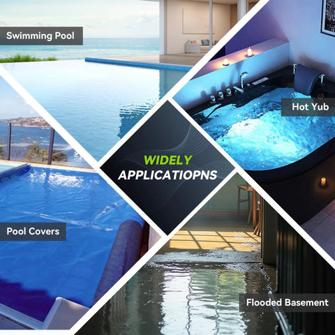 Illustration of uses for Automatic Submersible Pool Cover Pump 110V One Quarter HP 2800 GPH, including pools and basements.