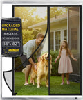 Heavy Duty Magnetic Screen Door With Full Length Magnets Fiberglass Mesh Keeps Bugs Out Lets Breeze In Self Sealing Closure Pet Friendly For Sliding And French Doors 70 By 78 Inch doors with child, dog, and man outside.