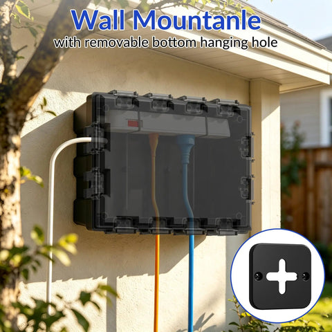 Waterproof Outdoor Electrical Box Heavy Duty Cover For Extension Cords And Holiday Lights With Tight Port Seals And Wall Mount Bracket, installed on a wall with cords visible.