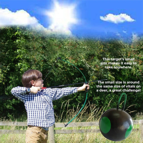 Child practicing archery with a bow and arrow aimed at a Beefy Round Ball Archery Target For Backyard Practice Built Tough With Self Healing Foam