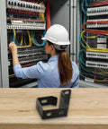Premium Cold-Rolled Steel Heavy-Duty Wire Basket for Server Racks beside a worker managing cables with a helmet.