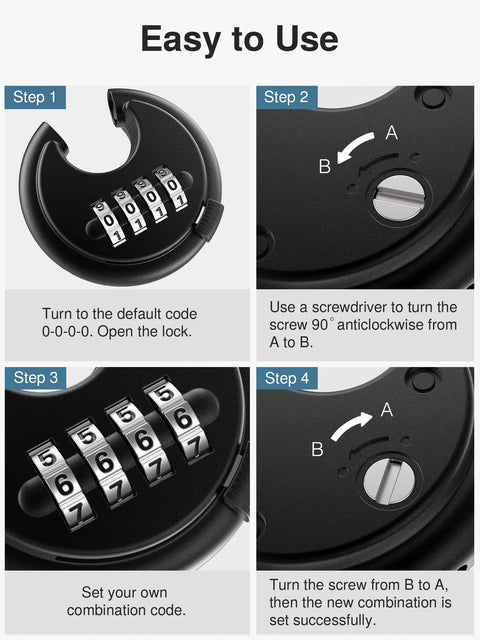 4 Digit Keyless Combination Lock Tough As Nails Padlock With Hardened Steel Shackle For Outdoor Sheds Fences Gates Storage Units And Gym Lockers Black Weatherproof Design For Harsh Outdoor Use And Easy To Reset Code showing steps to reset combination