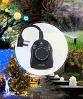 Outdoor Timer Outlet With Dusk To Dawn Sensor, Weatherproof Exterior Power Switch, two grounded outlets featured on holiday decor background