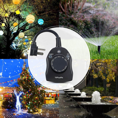 Outdoor Timer Outlet With Dusk To Dawn Sensor, Weatherproof Exterior Power Switch, two grounded outlets featured on holiday decor background