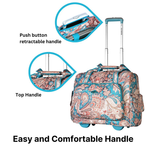Lightweight Rolling Overnight Bag With Laptop Compartment, patterned design, showing retractable and top handles