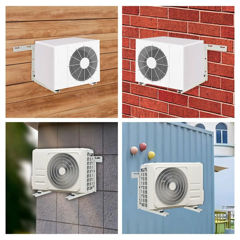 Top Shelf Heavy Duty Mini Split Wall Mount Bracket For Universal Ductless Air Conditioners mounted on various surfaces.