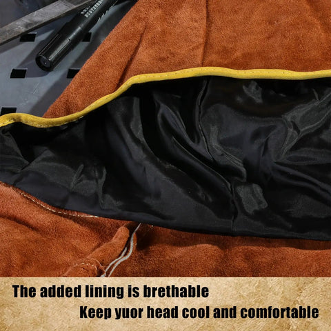 Interior of Leather Welding Hood With Neck Drape And Full Head Coverage, Heavy Duty Cowhide Protector, black lining, brown exterior