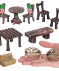 Miniature Fairy Garden Furniture Set Of 10 Resin Tables And Chairs For Terrariums And Dollhouses Rustic Wood Grain Look With Realistic Painted Details