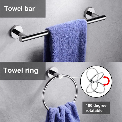 Polished Chrome 5 Piece Bathroom Hardware Set With Hand Towel Ring, 16 Inch Towel Bar shown with blue towels, SUS304 stainless steel