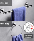 Polished Chrome 6 Piece Bathroom Hardware Set Includes 16 Inch Towel Ring And 23.6 Inch Round Towel Bar, Toilet Paper Holder, Towel Hooks, Heavy Duty SUS 304 Stainless Steel, Wall Mounted Rust Resistant, showing towel bar with blue towel and 180 degree rotatable towel ring.