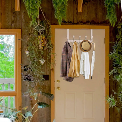 Over The Door Hook Rack With Five Tri Hooks For Towels And Clothes White Door Hanger Organizer For Bathroom Or Laundry Sturdy And Easy To Use Fits Most Doors One And Three Eighths Inches Thick To One And Three Quarters Inches Thick Sixteen And Three, shown hanging on a wooden door with clothes and accessories.