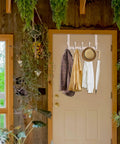 Over The Door Hook Rack With 5 Tri Hooks For Coats And Towels, Space Saver Door Hanger on a wooden door, White Finish
