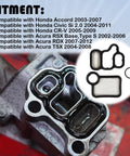 VVT VTEC Solenoid Gasket Valve Cover Set 3 Piece Kit For Honda Accord Civic CRV Element And Acura RDX RSX TSX 2002 Through 2015 Engine Valves Replacement Parts With Spool Valve Filter Screen displayed with fitment list on engine block