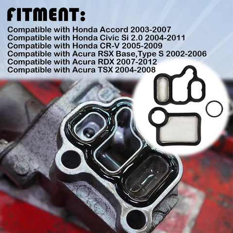 VVT VTEC Solenoid Gasket Valve Cover Set 3 Piece Kit For Honda Accord Civic CRV Element And Acura RDX RSX TSX 2002 Through 2015 Engine Valves Replacement Parts With Spool Valve Filter Screen displayed with fitment list on engine block