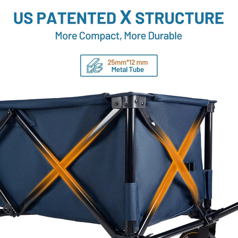 Close-up of Extended 51 Inch Collapsible Wagon Cart with 500 Lb Load Capacity, featuring US patented X structure.